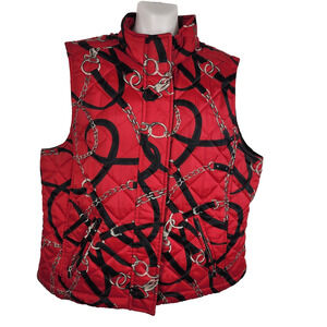 American Living Equestrian Horse Bits Bridle Black Red Quilted Puffer Vest XL